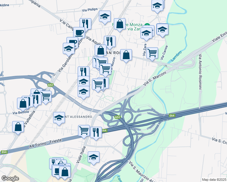 map of restaurants, bars, coffee shops, grocery stores, and more near 9 Via Solone in Monza