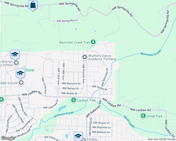 map of restaurants, bars, coffee shops, grocery stores, and more near 12971 NW Ramona Lane in Portland