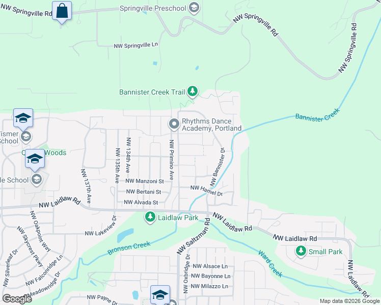 map of restaurants, bars, coffee shops, grocery stores, and more near 12919 NW Ramona Lane in Portland
