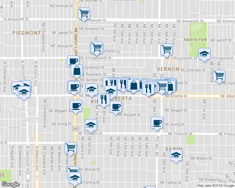 map of restaurants, bars, coffee shops, grocery stores, and more near 931 Northeast Alberta Street in Portland