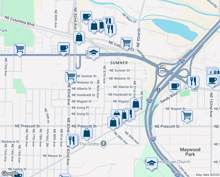 map of restaurants, bars, coffee shops, grocery stores, and more near 8734 Northeast Alberta Street in Portland