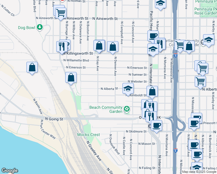map of restaurants, bars, coffee shops, grocery stores, and more near 2045 North Alberta Street in Portland