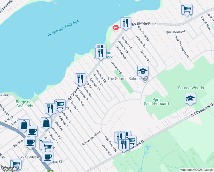 map of restaurants, bars, coffee shops, grocery stores, and more near 942 12e Av in Laval
