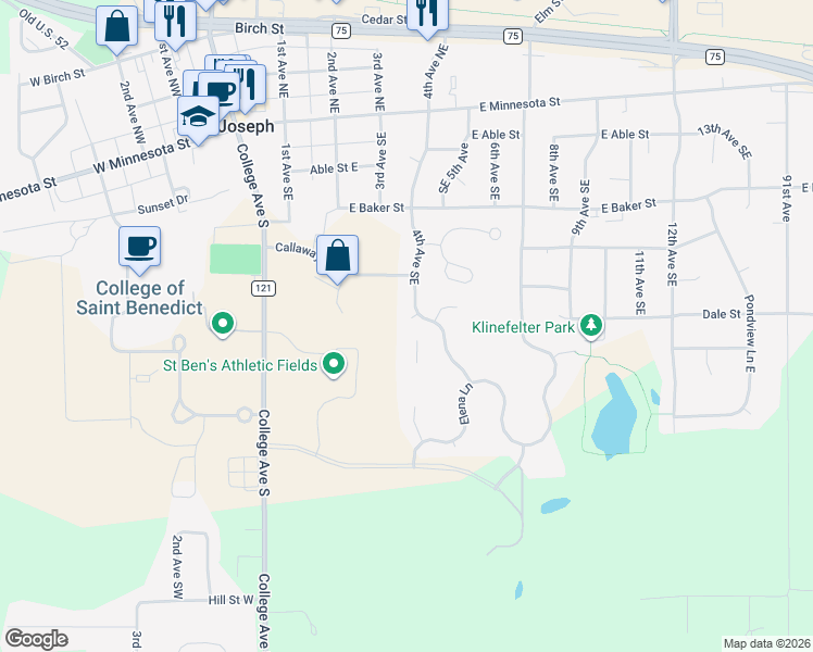 map of restaurants, bars, coffee shops, grocery stores, and more near 325 4th Avenue Southeast in Saint Joseph