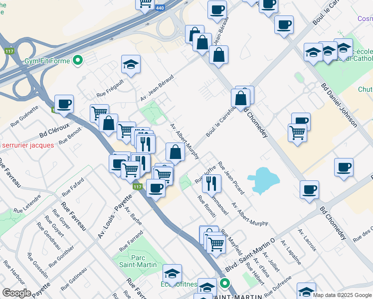 map of restaurants, bars, coffee shops, grocery stores, and more near 3765 Boulevard le Carrefour in Laval