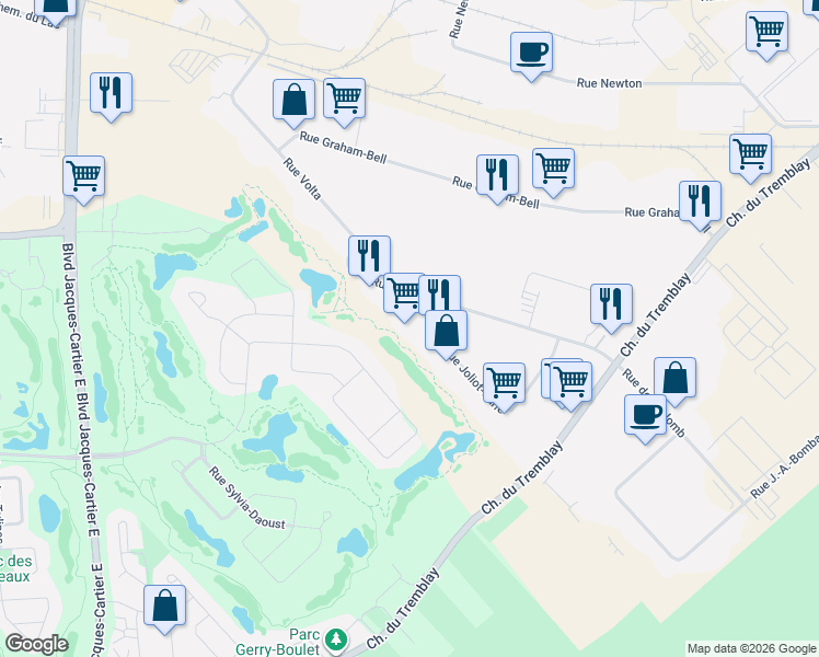 map of restaurants, bars, coffee shops, grocery stores, and more near 1370 Rue Joliot-Curie in Boucherville