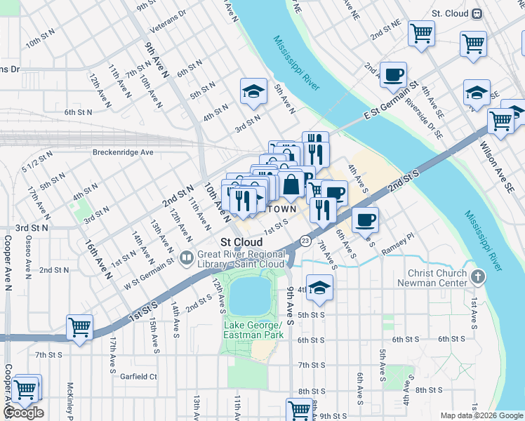 map of restaurants, bars, coffee shops, grocery stores, and more near 819 West Saint Germain Street in St. Cloud