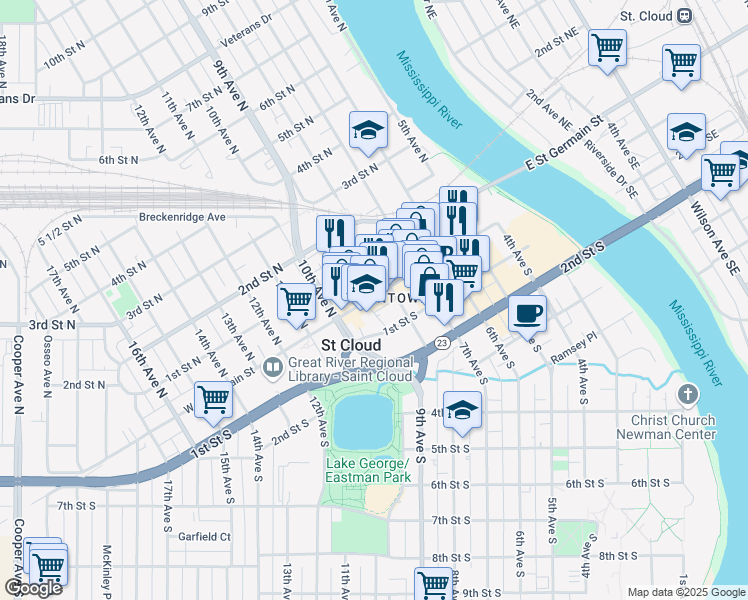map of restaurants, bars, coffee shops, grocery stores, and more near 819 West Saint Germain Street in St. Cloud