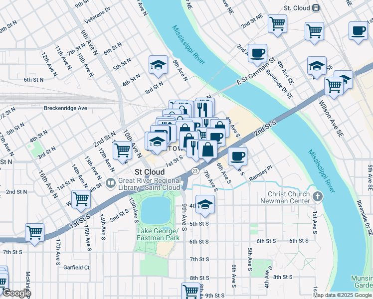 map of restaurants, bars, coffee shops, grocery stores, and more near 30 7th Avenue South in St. Cloud