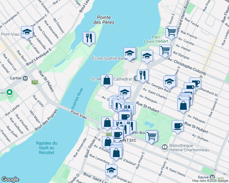 map of restaurants, bars, coffee shops, grocery stores, and more near 10805 Rue Saint-Hubert in Montréal