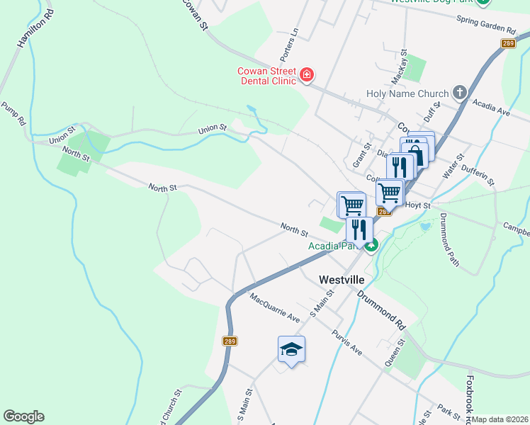 map of restaurants, bars, coffee shops, grocery stores, and more near 2172 North Street in Westville