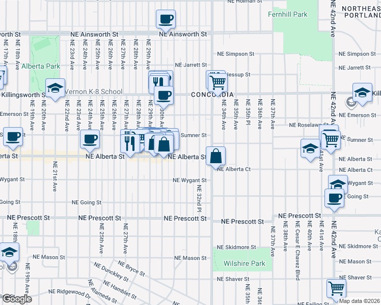 map of restaurants, bars, coffee shops, grocery stores, and more near 5028 Northeast 32nd Avenue in Portland
