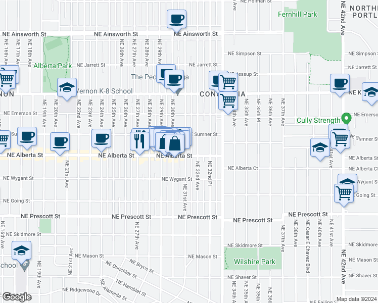 map of restaurants, bars, coffee shops, grocery stores, and more near 5029 Northeast 31st Avenue in Portland