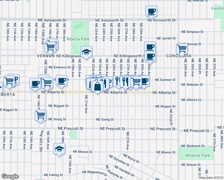 map of restaurants, bars, coffee shops, grocery stores, and more near 5035 Northeast 25th Avenue in Portland