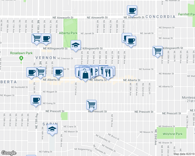 map of restaurants, bars, coffee shops, grocery stores, and more near 5035 Northeast 25th Avenue in Portland