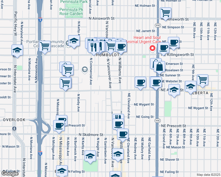 map of restaurants, bars, coffee shops, grocery stores, and more near in Portland