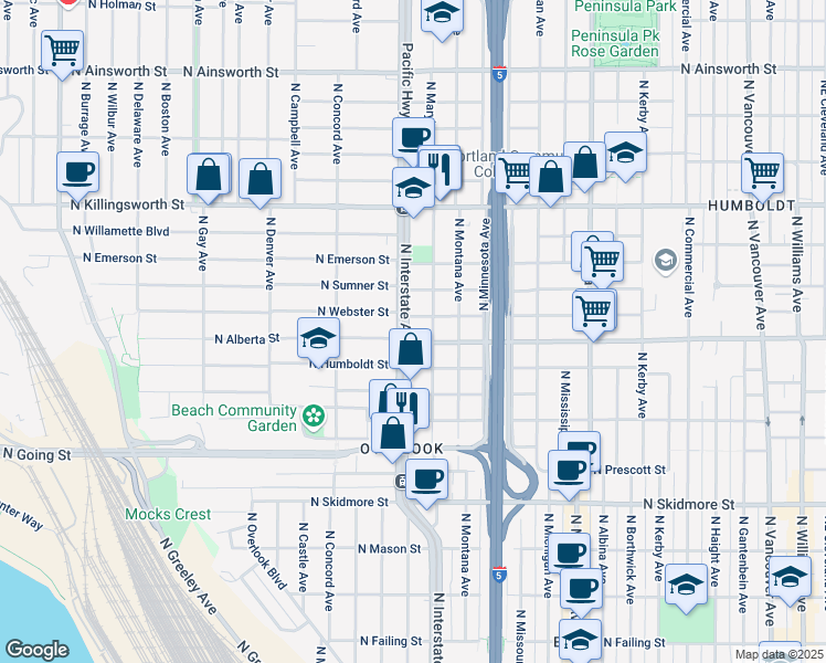 map of restaurants, bars, coffee shops, grocery stores, and more near in Portland