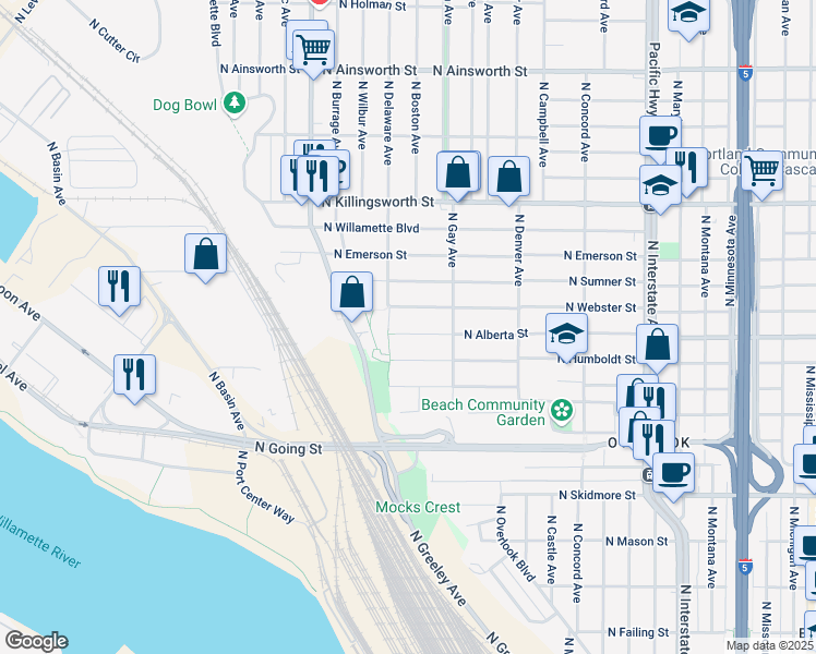 map of restaurants, bars, coffee shops, grocery stores, and more near 2432 North Webster Street in Portland