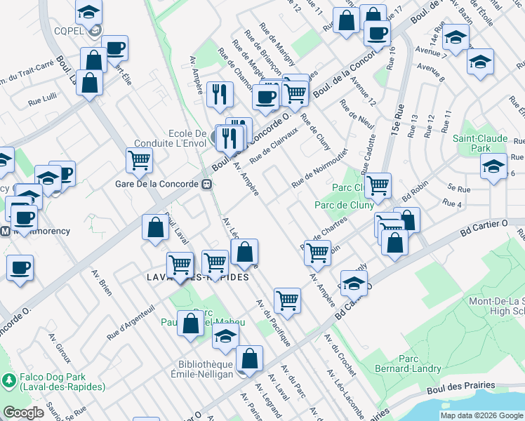 map of restaurants, bars, coffee shops, grocery stores, and more near 470 Avenue Ampère in Laval