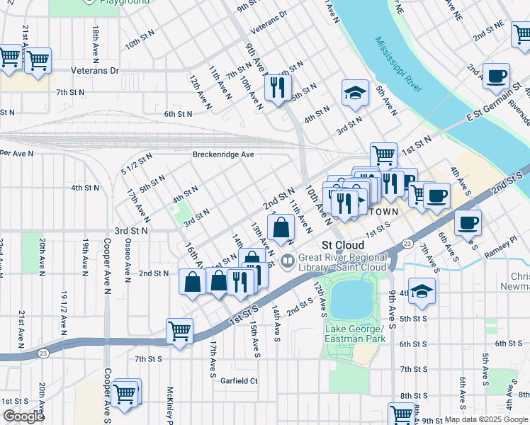 map of restaurants, bars, coffee shops, grocery stores, and more near 127 12th Avenue North in Saint Cloud
