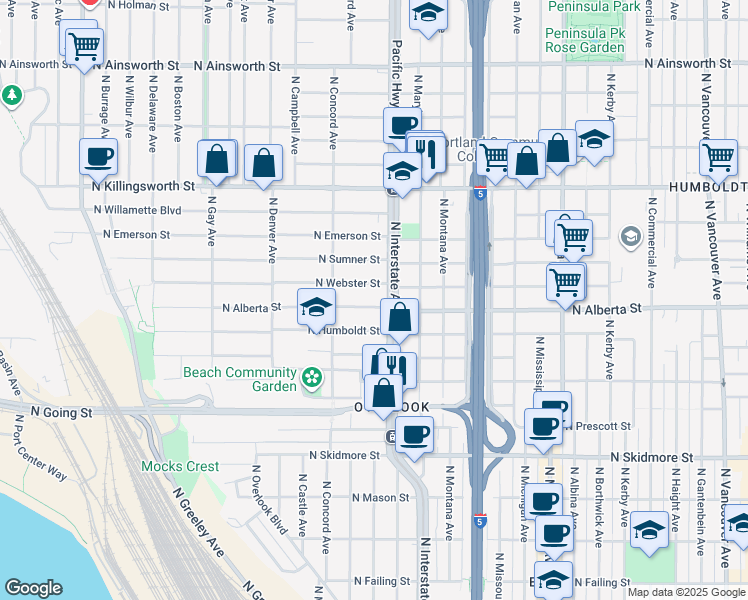 map of restaurants, bars, coffee shops, grocery stores, and more near 1550 North Webster Street in Portland