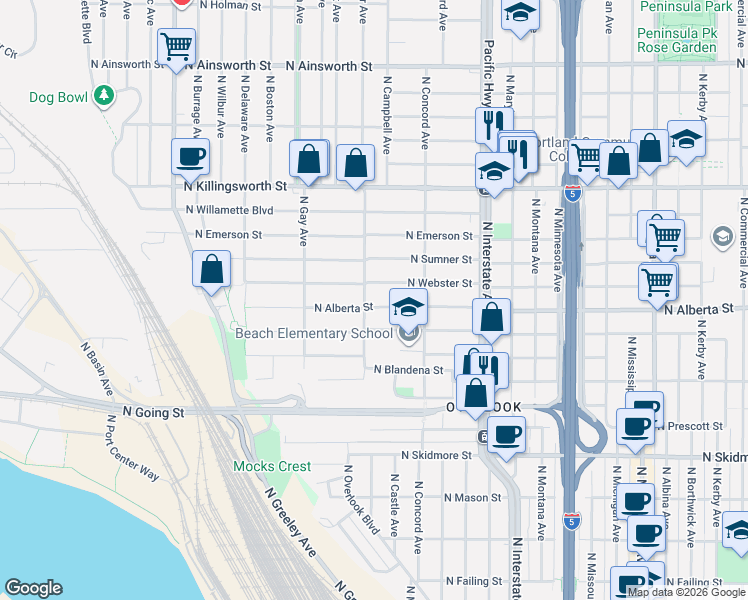 map of restaurants, bars, coffee shops, grocery stores, and more near 1925 North Alberta Street in Portland