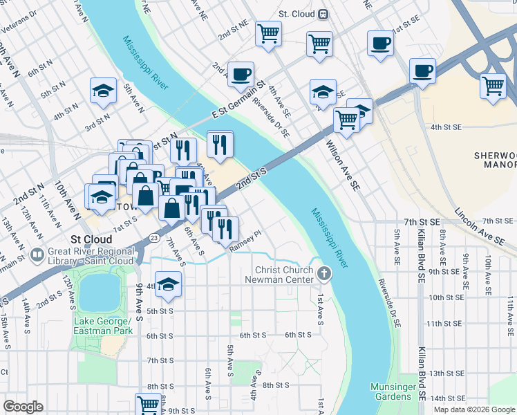 map of restaurants, bars, coffee shops, grocery stores, and more near 302 3rd Avenue South in St. Cloud