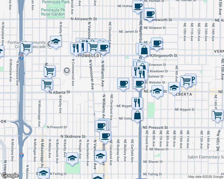 map of restaurants, bars, coffee shops, grocery stores, and more near 5012 Northeast Cleveland Avenue in Portland