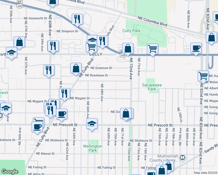 map of restaurants, bars, coffee shops, grocery stores, and more near 6845 Northeast Alberta Street in Portland