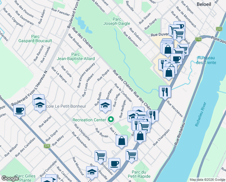 map of restaurants, bars, coffee shops, grocery stores, and more near 353 Rue Monseigneur Bourget in Beloeil