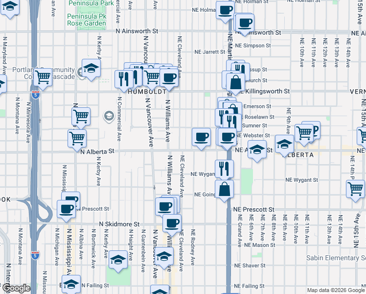 map of restaurants, bars, coffee shops, grocery stores, and more near 5012 Northeast Cleveland Avenue in Portland