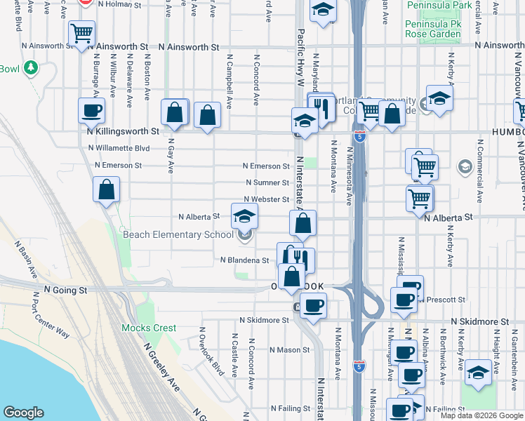 map of restaurants, bars, coffee shops, grocery stores, and more near 1645 North Alberta Street in Portland