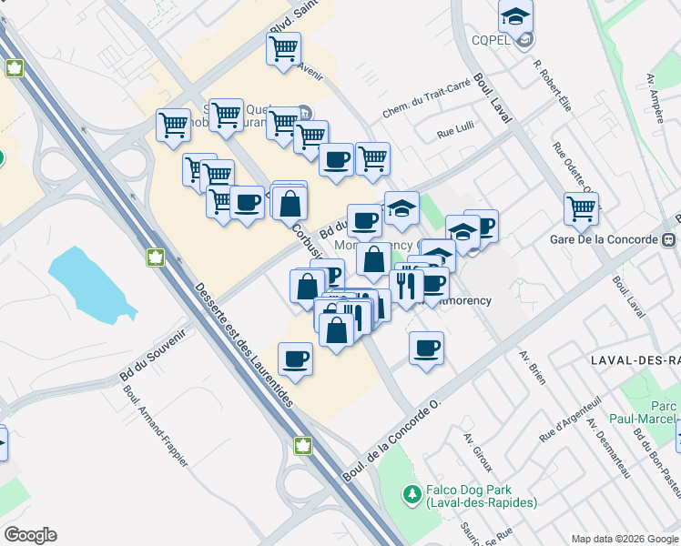 map of restaurants, bars, coffee shops, grocery stores, and more near 1425 Boulevard le Corbusier in Laval