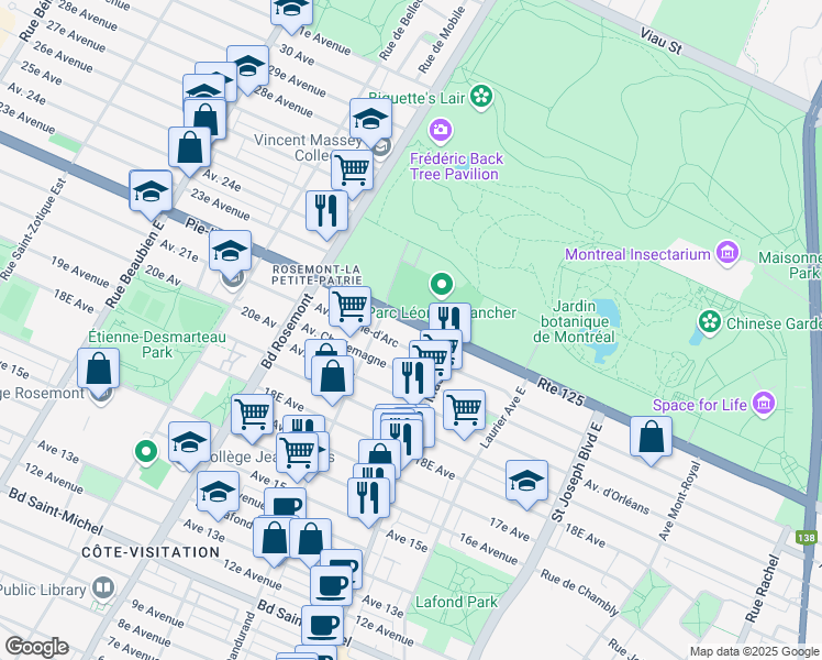 map of restaurants, bars, coffee shops, grocery stores, and more near 5538 Boulevard Pie-IX in Montréal