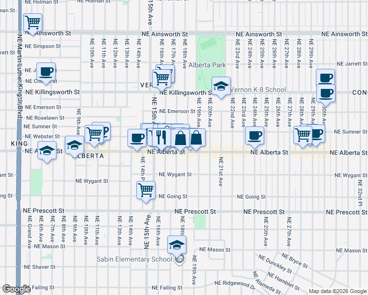 map of restaurants, bars, coffee shops, grocery stores, and more near 5026 Northeast 17th Avenue in Portland