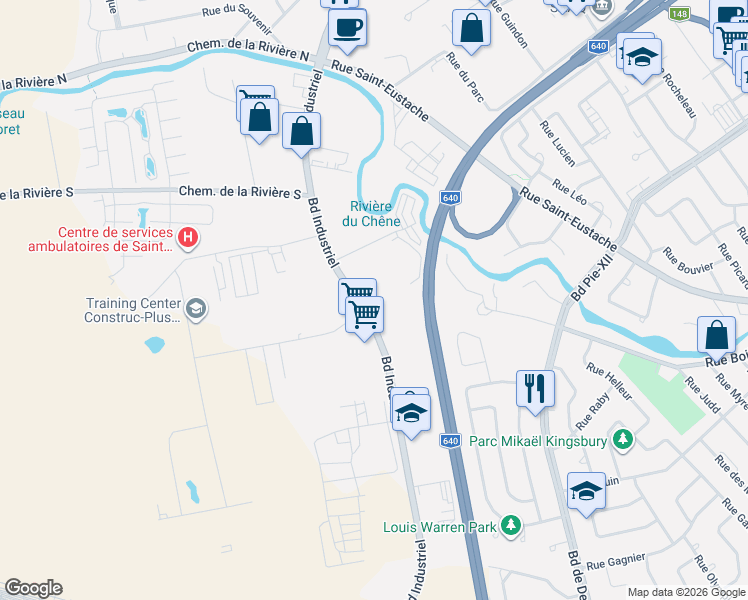 map of restaurants, bars, coffee shops, grocery stores, and more near 500 Boulevard Industriel in Saint-Eustache