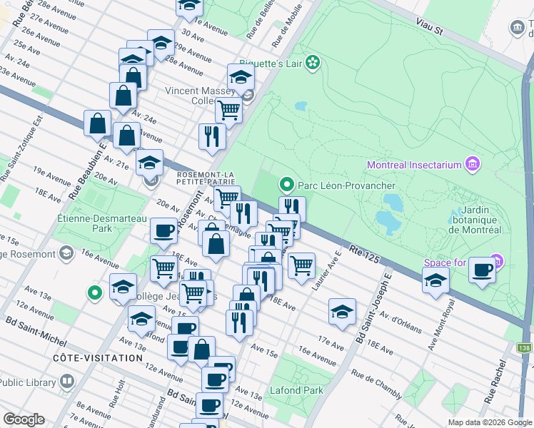 map of restaurants, bars, coffee shops, grocery stores, and more near 5542 Boulevard Pie-IX in Montréal