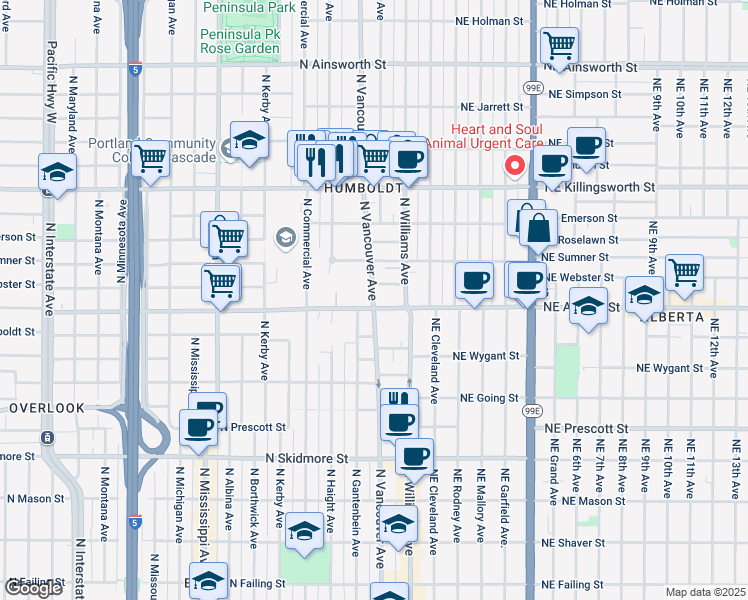 map of restaurants, bars, coffee shops, grocery stores, and more near 5035 North Vancouver Avenue in Portland