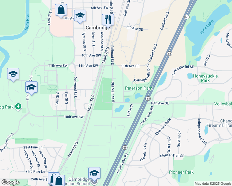 map of restaurants, bars, coffee shops, grocery stores, and more near 1450 Old Main Street South in Cambridge
