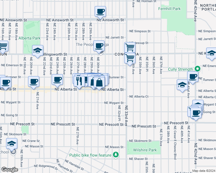 map of restaurants, bars, coffee shops, grocery stores, and more near 5026 Northeast 31st Avenue in Portland