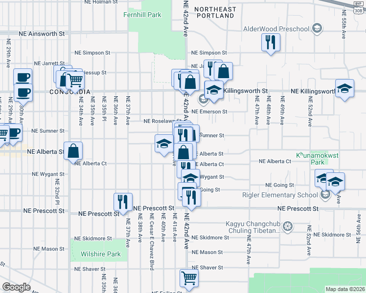 map of restaurants, bars, coffee shops, grocery stores, and more near 5035 Northeast 42nd Avenue in Portland