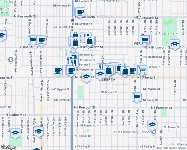 map of restaurants, bars, coffee shops, grocery stores, and more near 5025 Northeast 8th Avenue in Portland