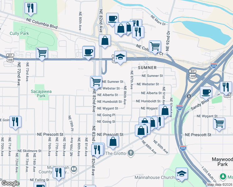 map of restaurants, bars, coffee shops, grocery stores, and more near 8503 Northeast Alberta Street in Portland