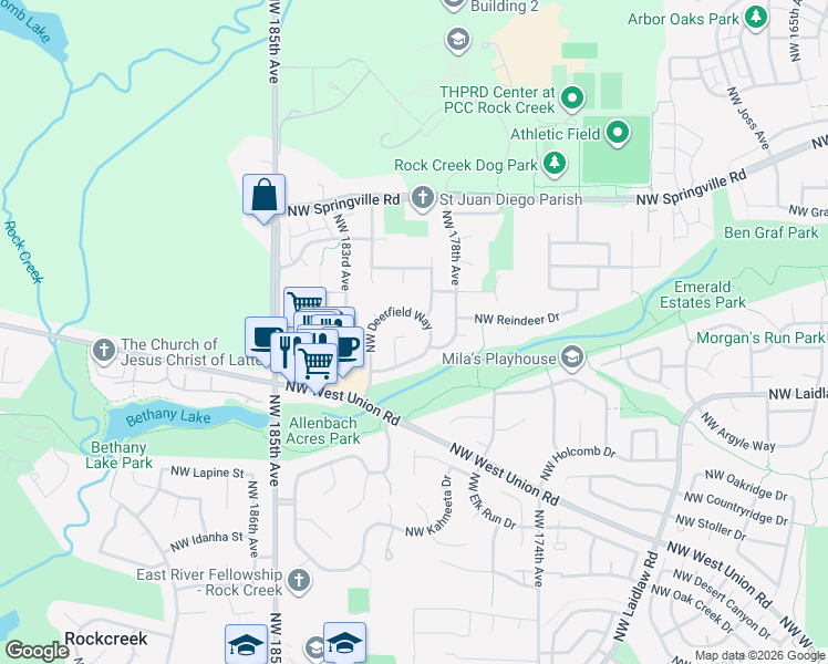 map of restaurants, bars, coffee shops, grocery stores, and more near 5581 Northwest 180th Place in Portland