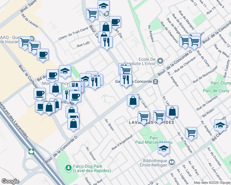 map of restaurants, bars, coffee shops, grocery stores, and more near Place Deauville in Laval