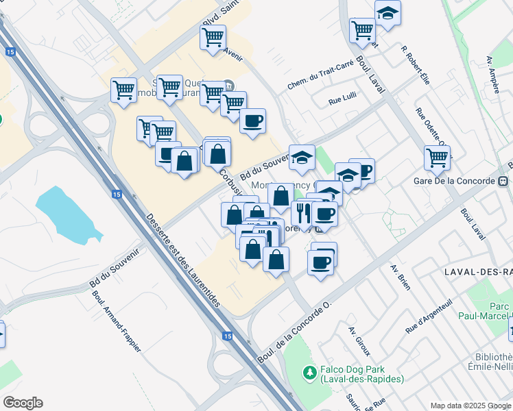 map of restaurants, bars, coffee shops, grocery stores, and more near 1420 Rue Lucien-Paiement in Laval