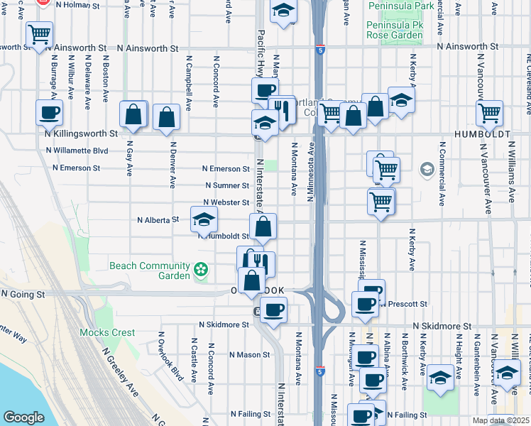 map of restaurants, bars, coffee shops, grocery stores, and more near in Portland
