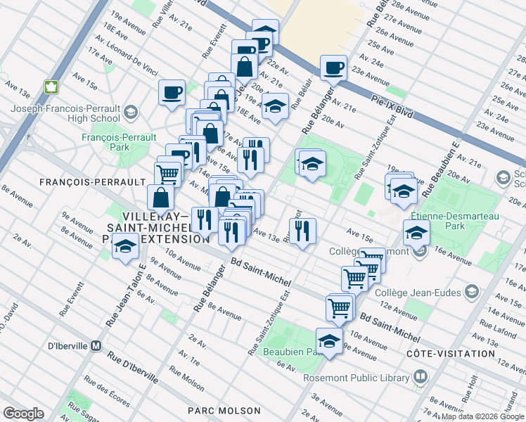 map of restaurants, bars, coffee shops, grocery stores, and more near 3524 Rue Bélanger in Montréal