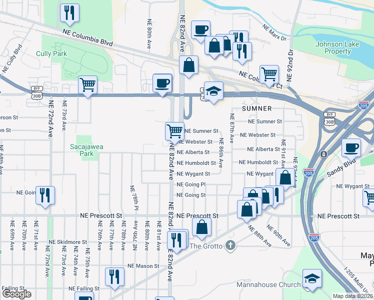 map of restaurants, bars, coffee shops, grocery stores, and more near 8311 Northeast Alberta Street in Portland