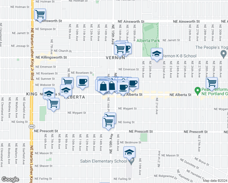 map of restaurants, bars, coffee shops, grocery stores, and more near 5015 Northeast 15th Avenue in Portland